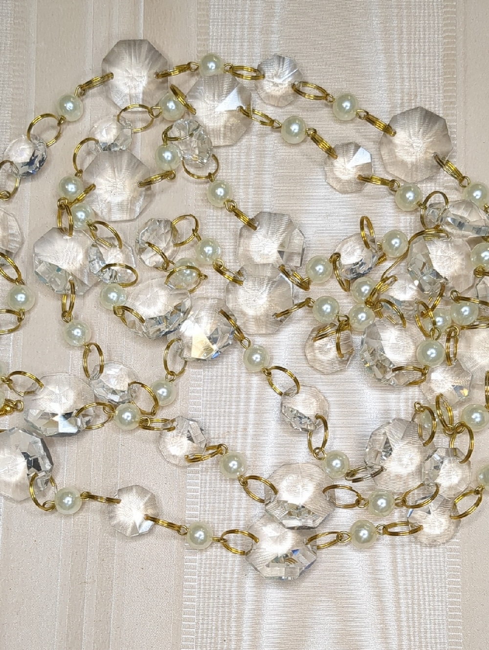 Vintage Faceted Crystal Chandelier Chain Pearl Accents Gold Tone 6'